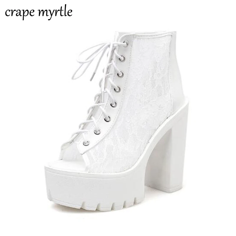 Женские ботильоны на платформе с открытым носком Высоком толстом каблуке