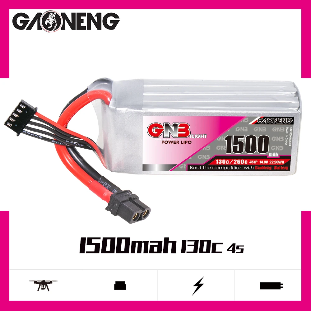 

Gaoneng GNB 1500mAh 4S1P 14.8V 130C/260C Lipo Battery With XT60 Plug For 250 Size 3D Helicopter RC FPV Racing Drone Quadcopter