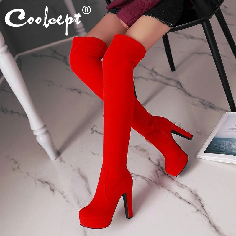 Coolcept Winter Thigh High Boots Women Brand Fashion Zipper Warm Fur Shoes Casual Heels Platform Size 33-43 | Обувь