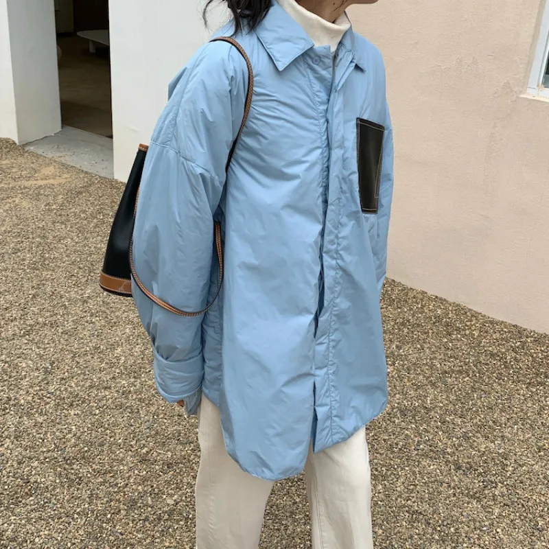 

2020 Women Winter Beige Oversize Patchwork Parkas Covered Button Cotton Coat Jacket Full Sleeve Overcoat Outerwear