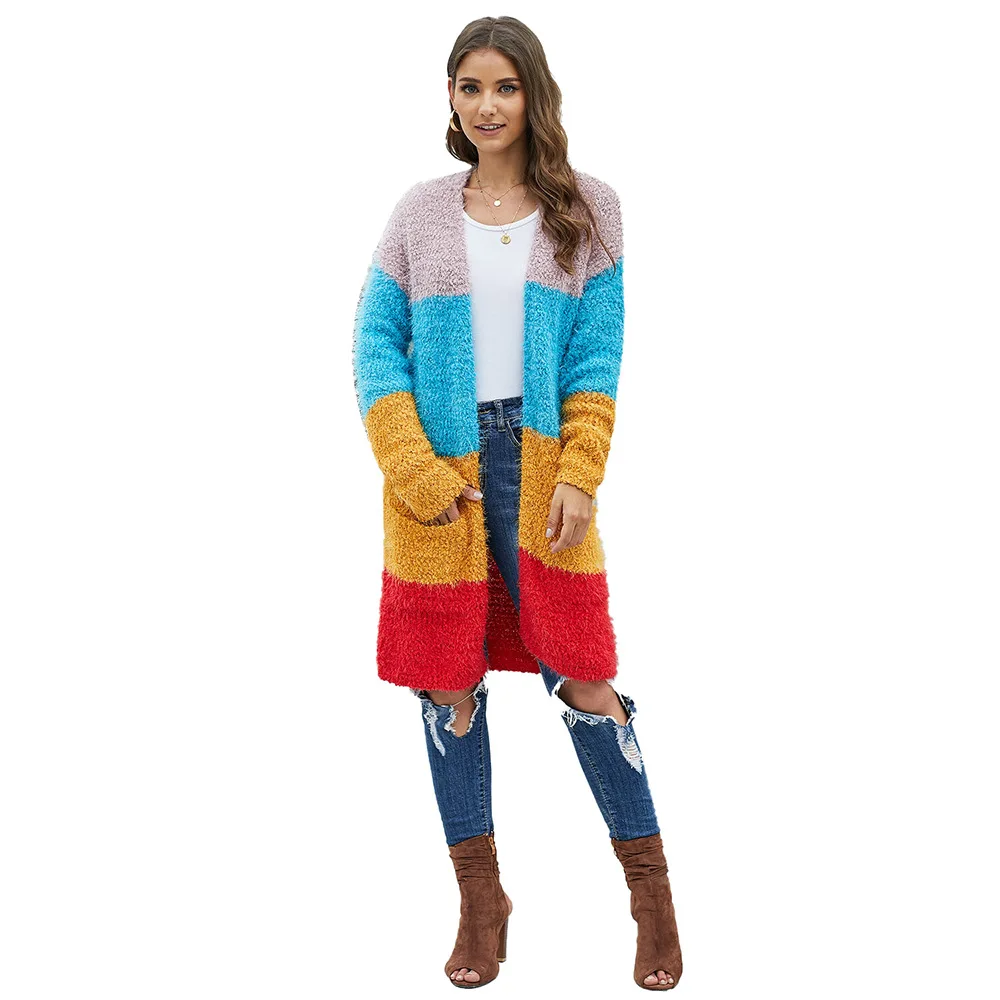 

Женская одежда, новый зимний свитер с карманами в европейском и американском стиле, трикотажный кардиган разных цветов со средними и длинны...