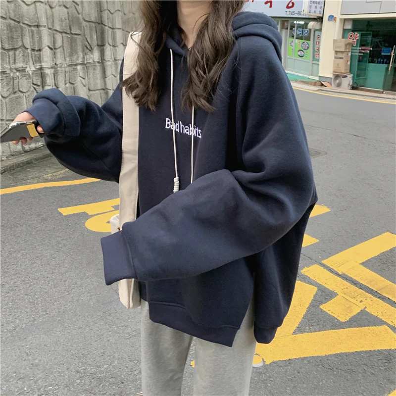 

Черная, белая хлопковая толстовка, Женская толстовка с буквенным принтом, повседневная одежда, осень-зима, женские свободные пуловеры больш...