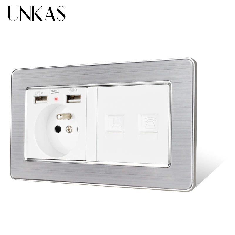 Французская стандартная розетка UNKAS с панелью из нержавеющей стали 2 USB-портами +