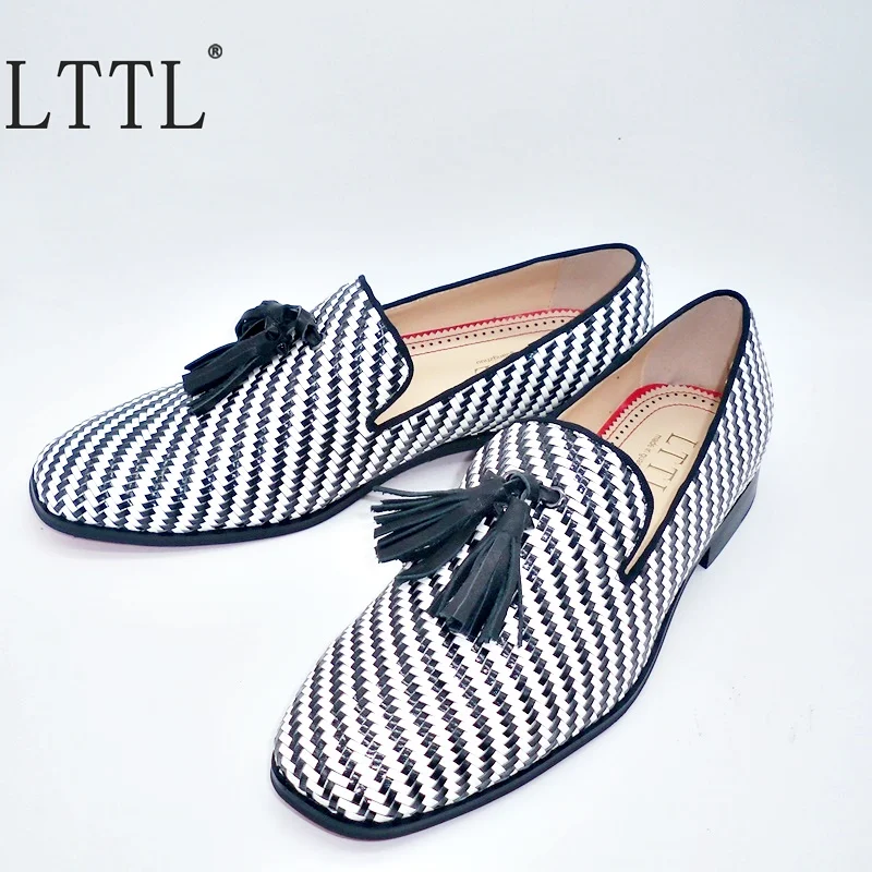 LTTL итальянские модные черно-белые вязаные кожаные лоферы с узором и кисточками