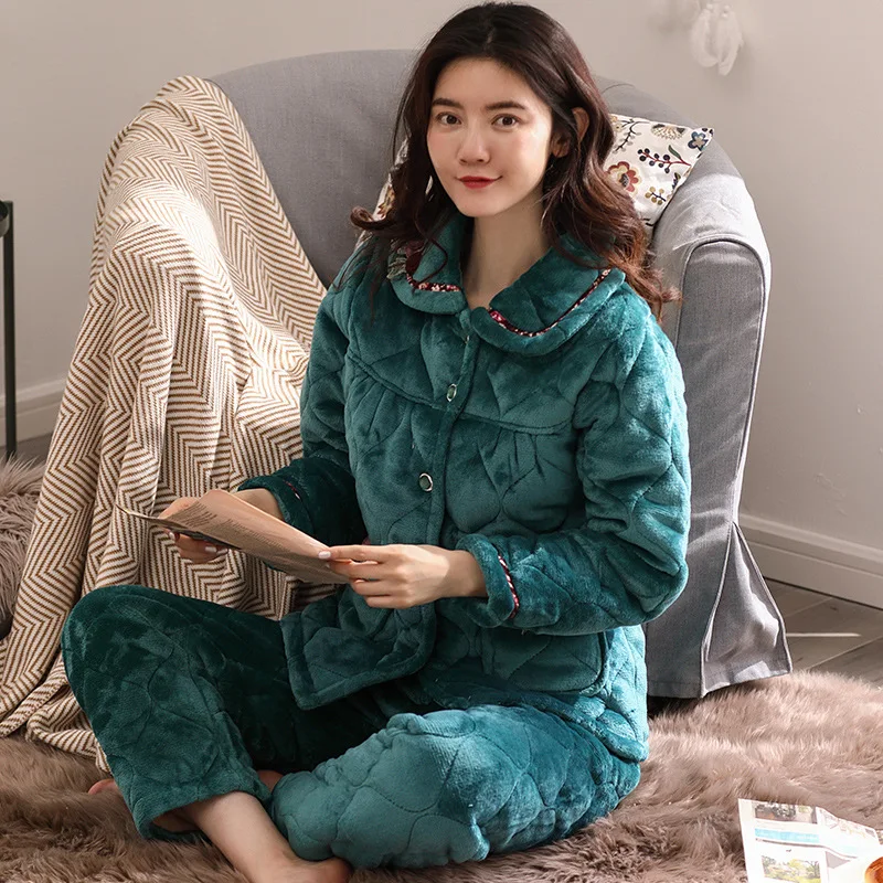 売却 女性用コットンパジャマ,3層,厚手,コットン,ホームウェア,長袖,4色,ナイトウェア,2020