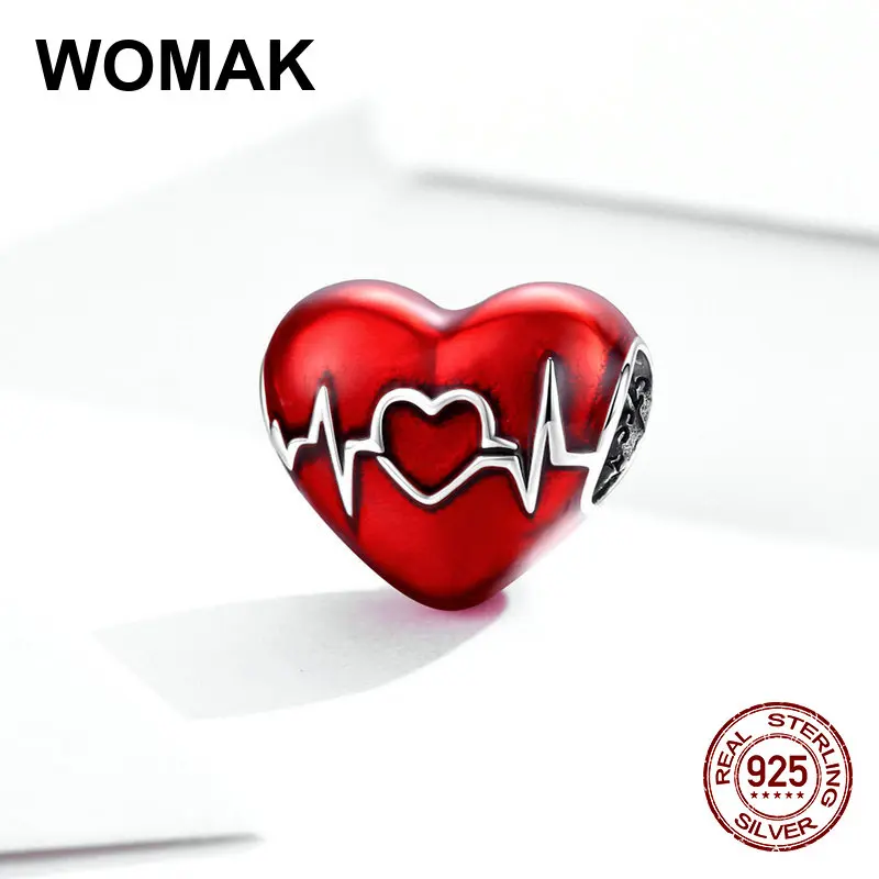 Бусины из серебра 100% пробы с красной эмалью в форме сердца для браслета |