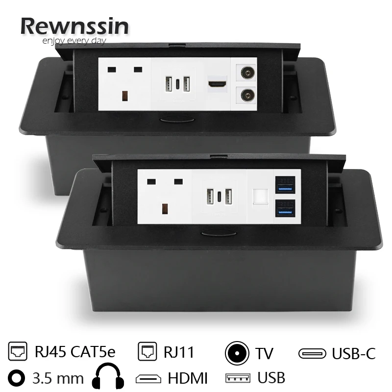 

Настольная Скрытая плата питания стандарта Великобритании, Зарядные порты типа C, с разъемами USB RJ45 HDMI, черная Выдвижная розетка из алюминие...
