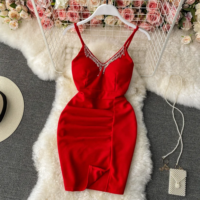 

Женское мини-платье с кисточками, облегающее вечервечерние платье-стразы на бретелях-спагетти, с V-образным вырезом, без рукавов, с открытой ...