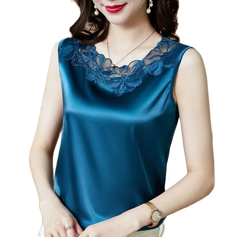 Summer Korean Fashion Silk Tank Top Women Satin Office Lady Tank Top Mesh Lace Solid Black Cami Top Loose for Women