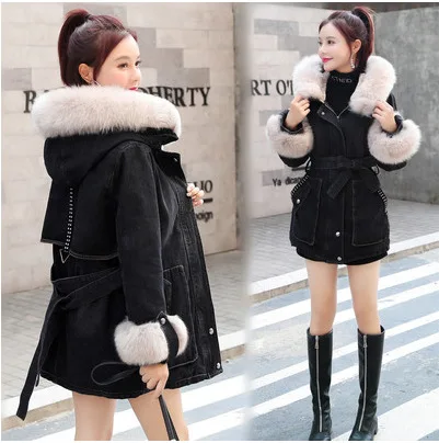 

Cotton padded women's medium and long winter wear, new Korean version of loose snow rabbit hair thickened denim and cotton