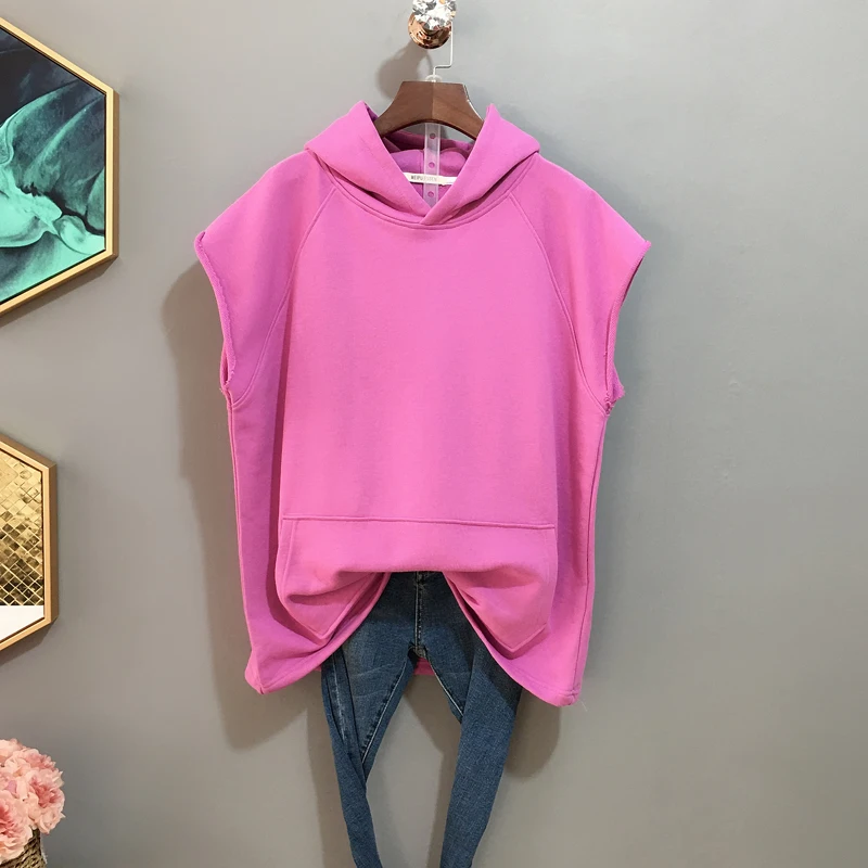 

Vest Women's 2021 Spring Terry Cotton Loose Large Size Hooded Simple Pure Color All-Matching hoodie Vest Sleeveless Waistcoat