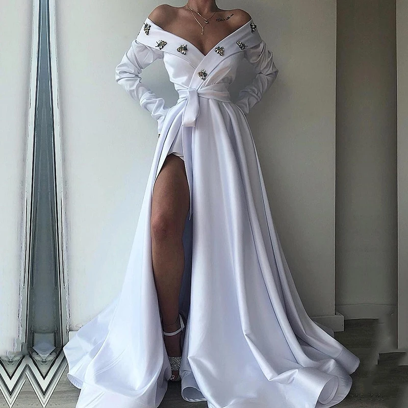 

White Evening Dresses 2020 V-Neck A-Line Prom Gowns Side Split Beaded with Rhinestones Long Sleeves Party Gowns Robe De Soiree