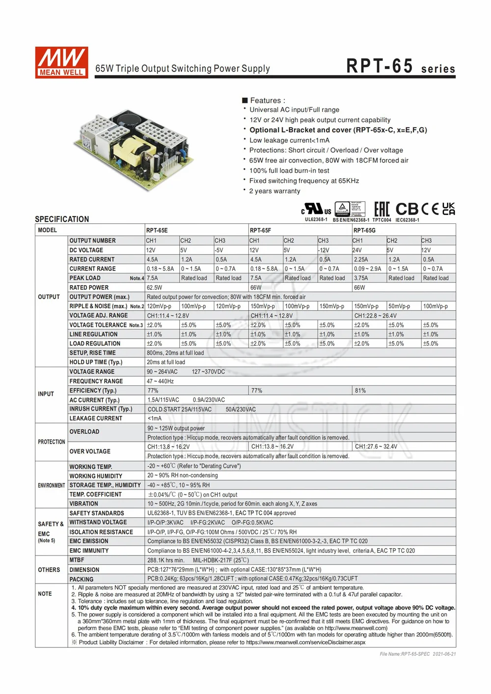 MEAN WELL RPT-65F meanwell RPT-65 66 Вт изолированный двойной выход с PFC Функция типа PCB |
