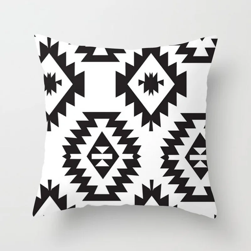 

Black And White Geometric Decor Pillow Case For Bed Grid Curve Trilateral Car Seat Case Polyester Peach Skin White Cushion Cover