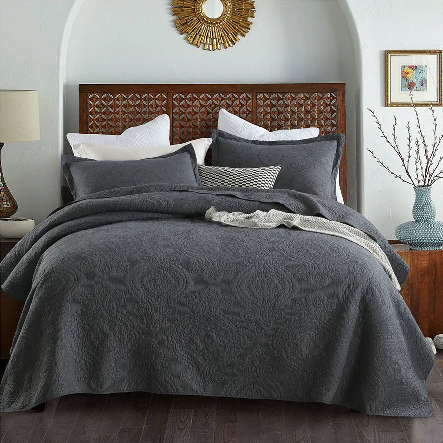 

Gray Bedspread on the Bed Quilt Set 3pc Embossed Cotton Quilts Pillowcase Bed Cover Queen Size Quilted Coverlets CHAUSUB Blanket