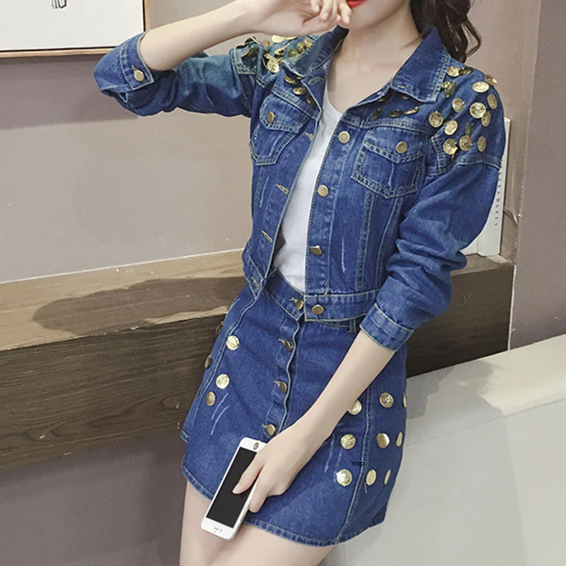 

2021 Новый Джинсовый комплект из двух 1 предмет для женщин металлические пуговицы короткая джинсовая куртка и мини-юбка комплект из 2 предмето...