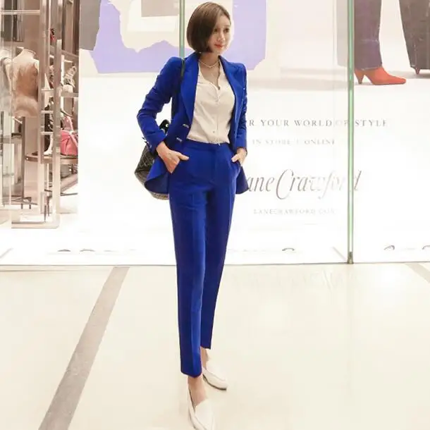 Синие женские брючные костюмы однобортный пиджак блейзер и брюки карандаш