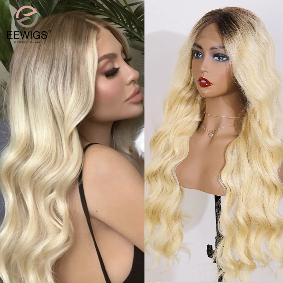 EEWIGS Ombre блонд парик на кружеве с коричневыми корнями Glueless термостойкие Свободные волны косплей синтетические парики для черных женщин