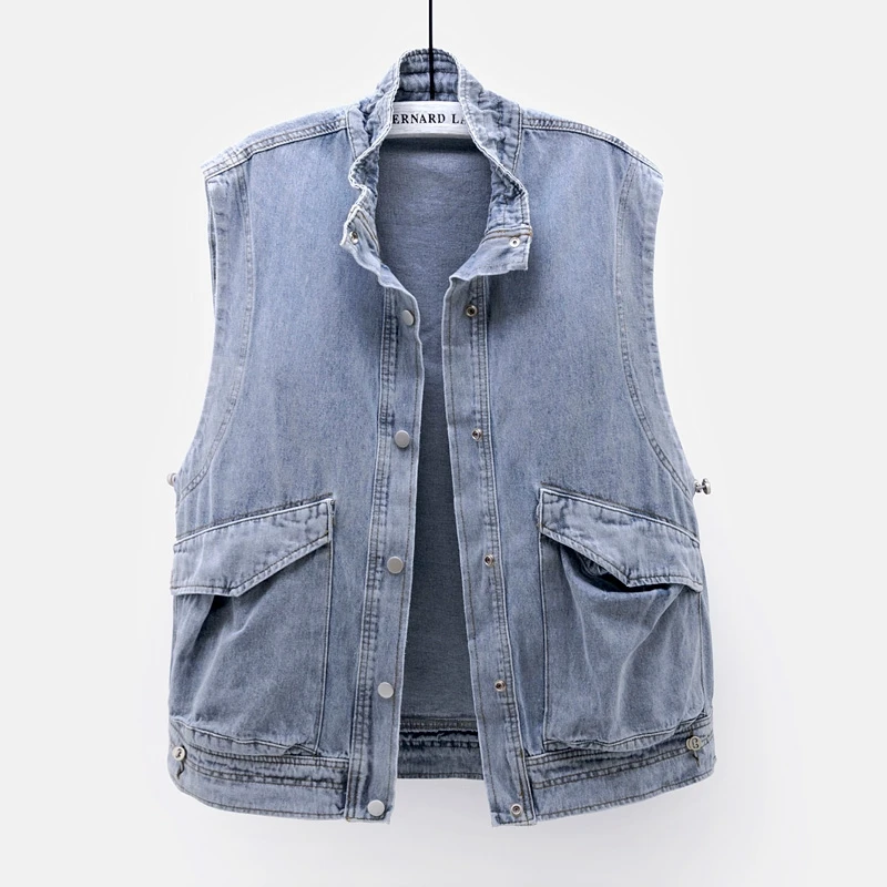 Винтажный синий джинсовый жилет средней длины Женский Летний со стоячим