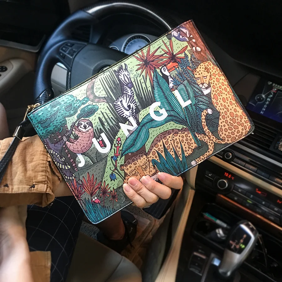 

Fashion Plants Print Clutch Bags for Women Personality Leather Contrast Color Street Lady Wrist Bag Couple Casual IPad Bags 2021