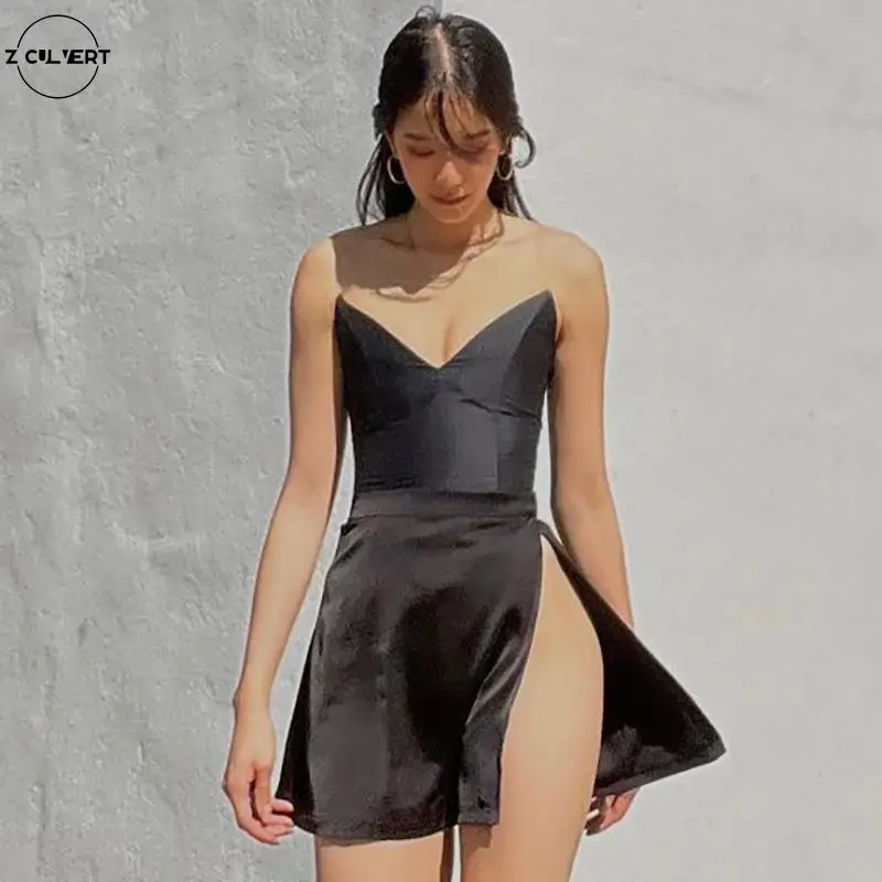 

Z Culvert 2021 spring winter Fashion WomenSolid SexyOne word collar Sleeveless Straplesspack hip High Waist Slit Mini dresses