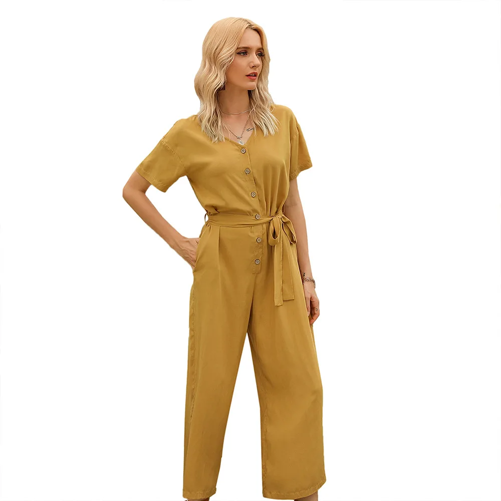 

New Solid Jumpsuit Women Summer 2020 Casual V-neck High Waist Bandage Short Sleeve Button Playsuit with Belt OL Women