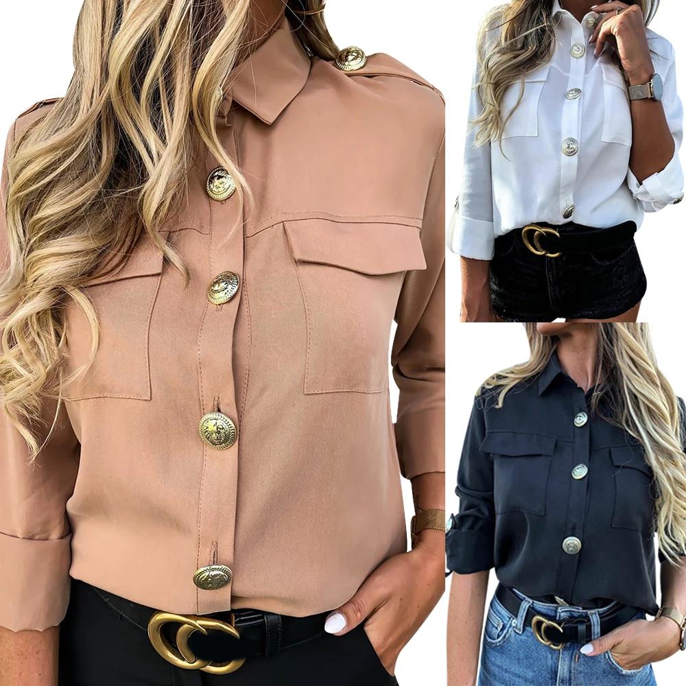 Модная женская рубашка с длинными рукавами сплошной цветной лацкан карманами на