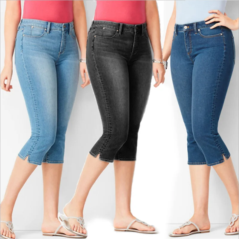 

Plus Size Side Split White Wash Skinny Capris Jeans Breeches 4XL Woman Stretchy Calf Length Bermudas Denim Shorts Pants Summer