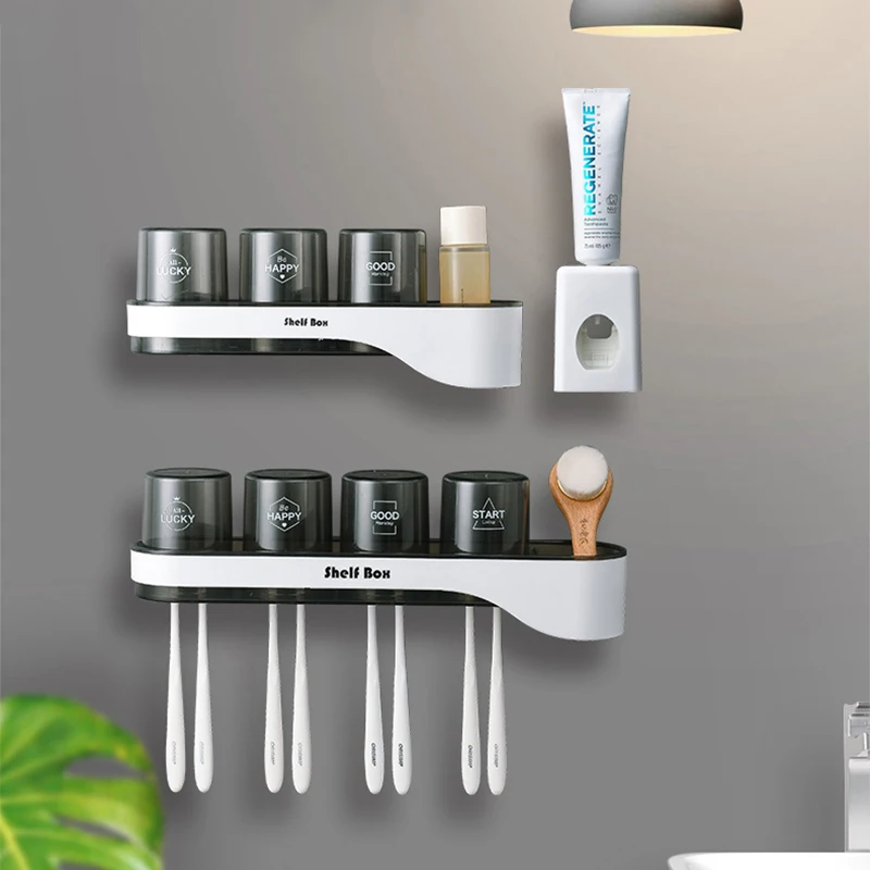 

045 Multi-function Wall mounted Toothbrush Holder Automatic Toothpaste Squeezer Dispenser Storage Rack Bathroom Accessories