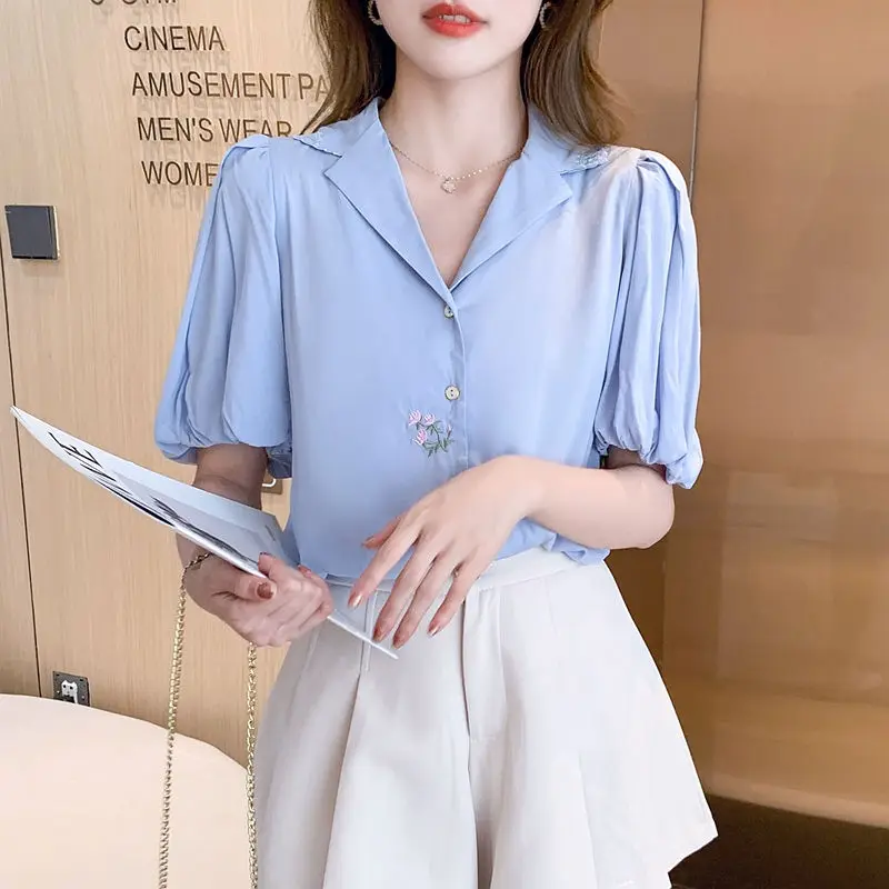 

2021 New Summer Women Blouses Casual Slim Puff Sleeve V-Neck Embroidery Chiffon Shirts Fashion Elegant Office Lady Tops Clothing