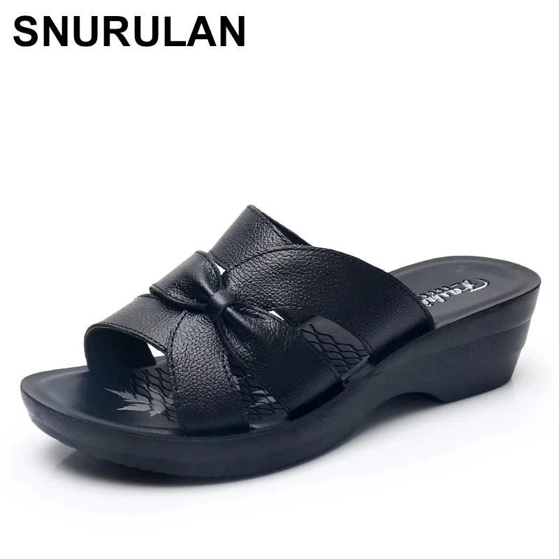 

SNURULAN summer women slippers outdoor wear wedges soft bottom non-slip seaside women sandals leather slippers