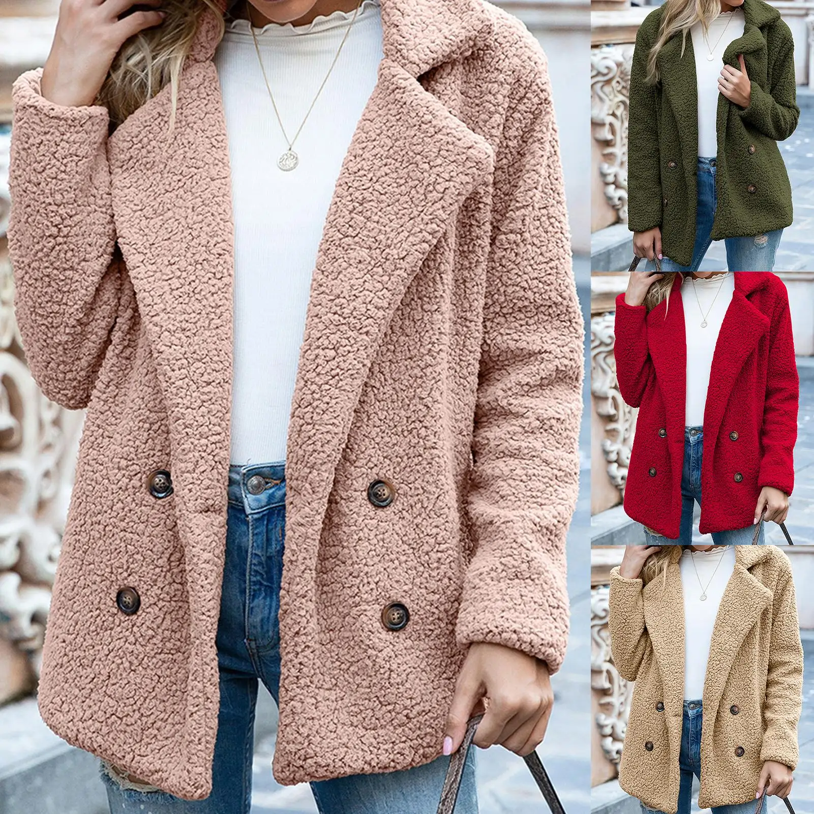 

S-5XL Women clothing Solid Color Coat Faux Fleece Long Sleeve Buttons Jacket Outerwear Ladies Winter Overcoat Female clothes