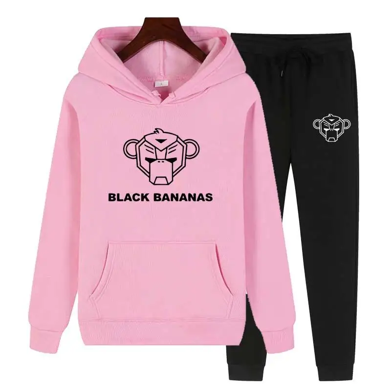

2021 New Women Fashion Sportwear Sets Black Printed Hoodies and Pants Two Piece Suit Casual Tracksuit gym set Bananas Female