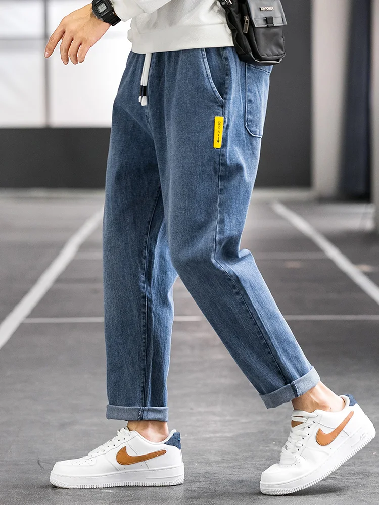 Black Jeans Men's Straight Loose Cropped Spring and Autumn Summer Thin Ripped Elastic Waist Long Pants Fashion