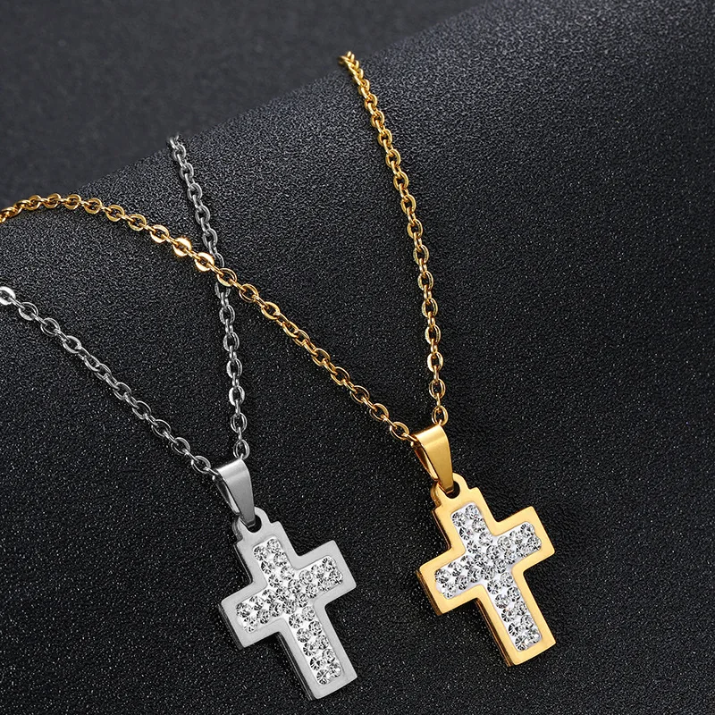 

Fashion Female Cross Pendants Dropshipping Gold Color Stainless Steel CZ Cross Necklace Jewelry For Men/Women Wholesale