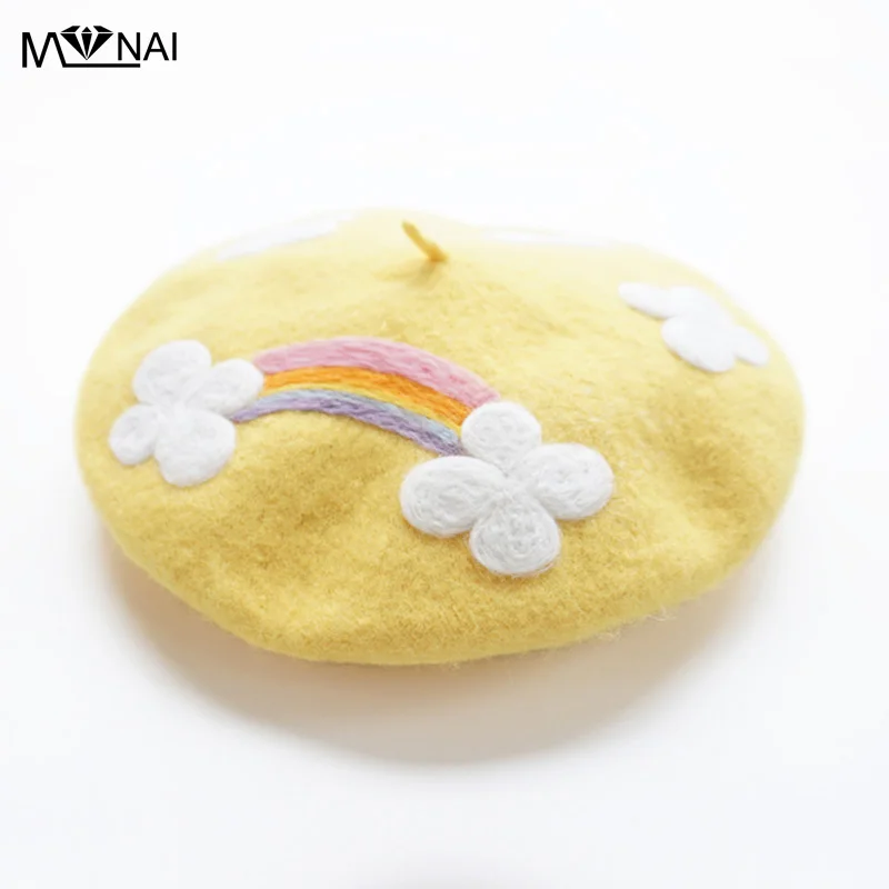 

Берет женский шерстяной с радужной вышивкой, берет ручной работы в винтажном стиле, фетровая шляпа художника, креативный однотонный милый г...