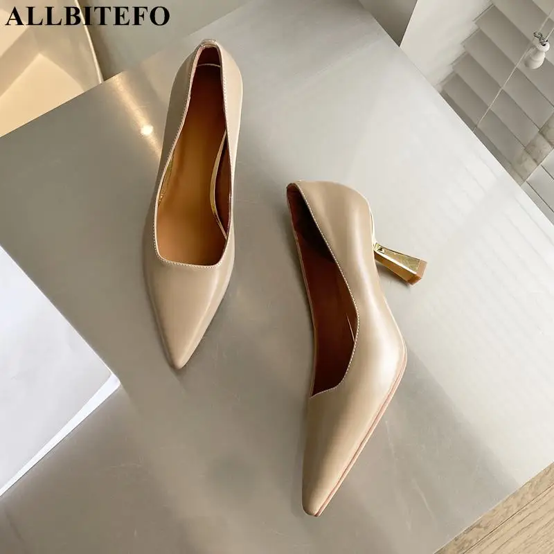 

ALLBITEFO Size 33-40 Pointed Toe Fashion Sexy Soft Genuine Leather Club Party Wedding High Heel Shoes Women Heels Shoes