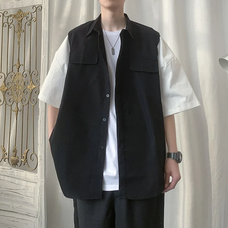 

Summer new style false two five-minute sleeve shirt male Korean edition leisure jacket all-match trend Hong Kong wind short