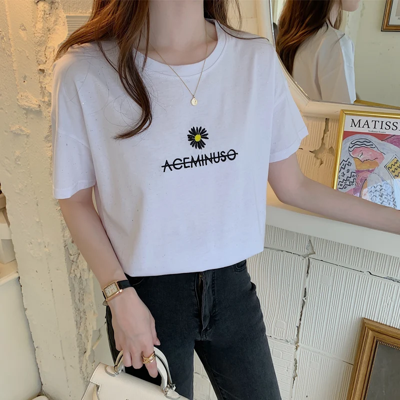 

2021 новые женские футболки хлопковые Свободные повседневные футболки с коротким рукавом для женщин; Сезон Лето Одежда для футболок офисные ...