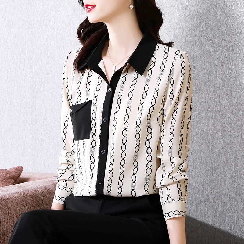 

Shirts Women 2021 Autumn Fashion Satin Lapel Spliced Print Mulberry Silk Ladies Tops Button Plaid Long Sleeve Woman Shirt Blouse