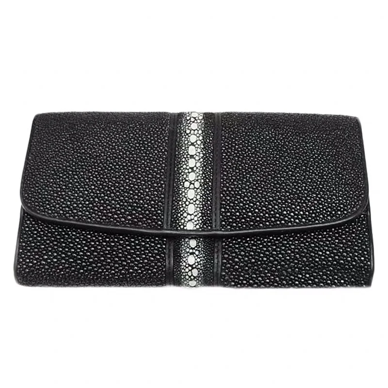 Мужской длинный черный бумажник в три сложения из натуральной кожи стиле унисекс