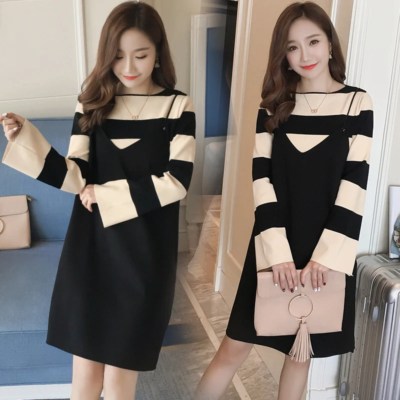 Консервативный стиль для беременных Полосатое трикотажное платье костюмы