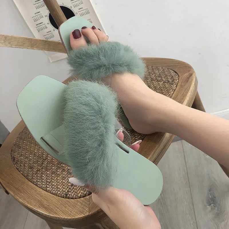 HEE GRAND/летние Для женщин пушистые тапочки с плоской подошвой плюшевый мохнатый