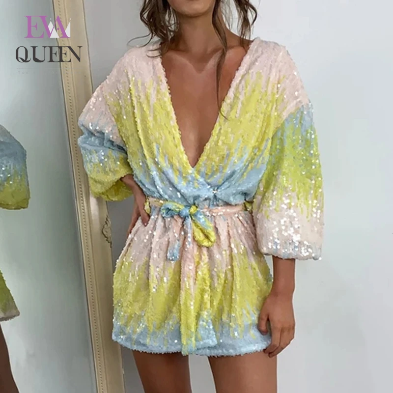 Женское платье с блестками EvaQueen вечернее облегающее мини глубоким v образным