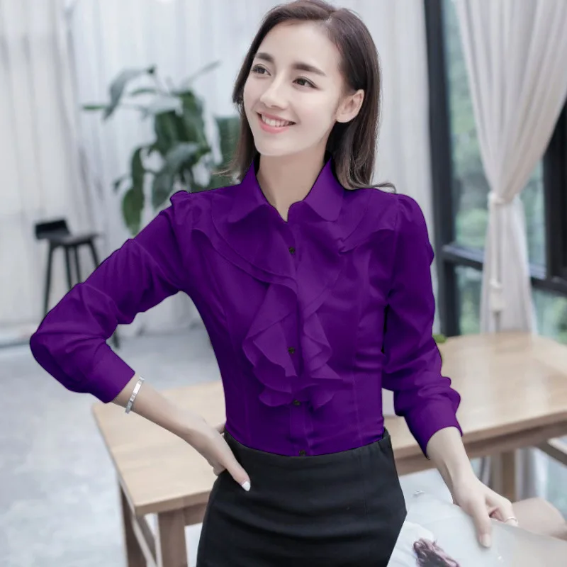 

Women's Fashion Long-sleeved Shirts Lady Solid Color Ruffled Lapel Business Shirts