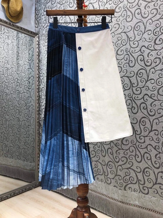 

2021 new women fashion irregular color matching stitching pleated all-match mid-length skirt 623