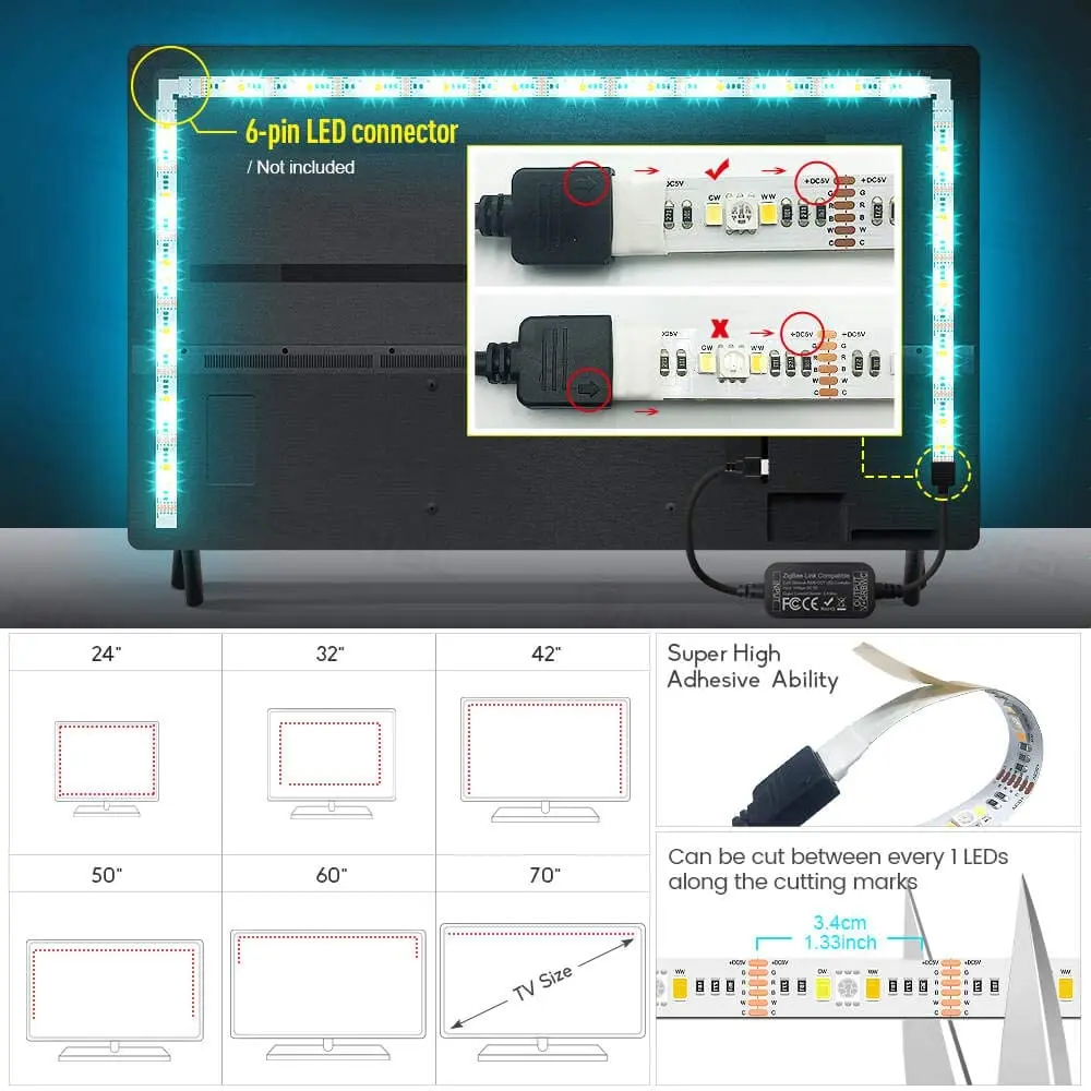 Smart ZigBee USB Strip Light RGBWW Work with Hue Bridge Lightify Hub SmartThings and Amazon Echo Plus for APP/Voice Control RGB | Лампы и