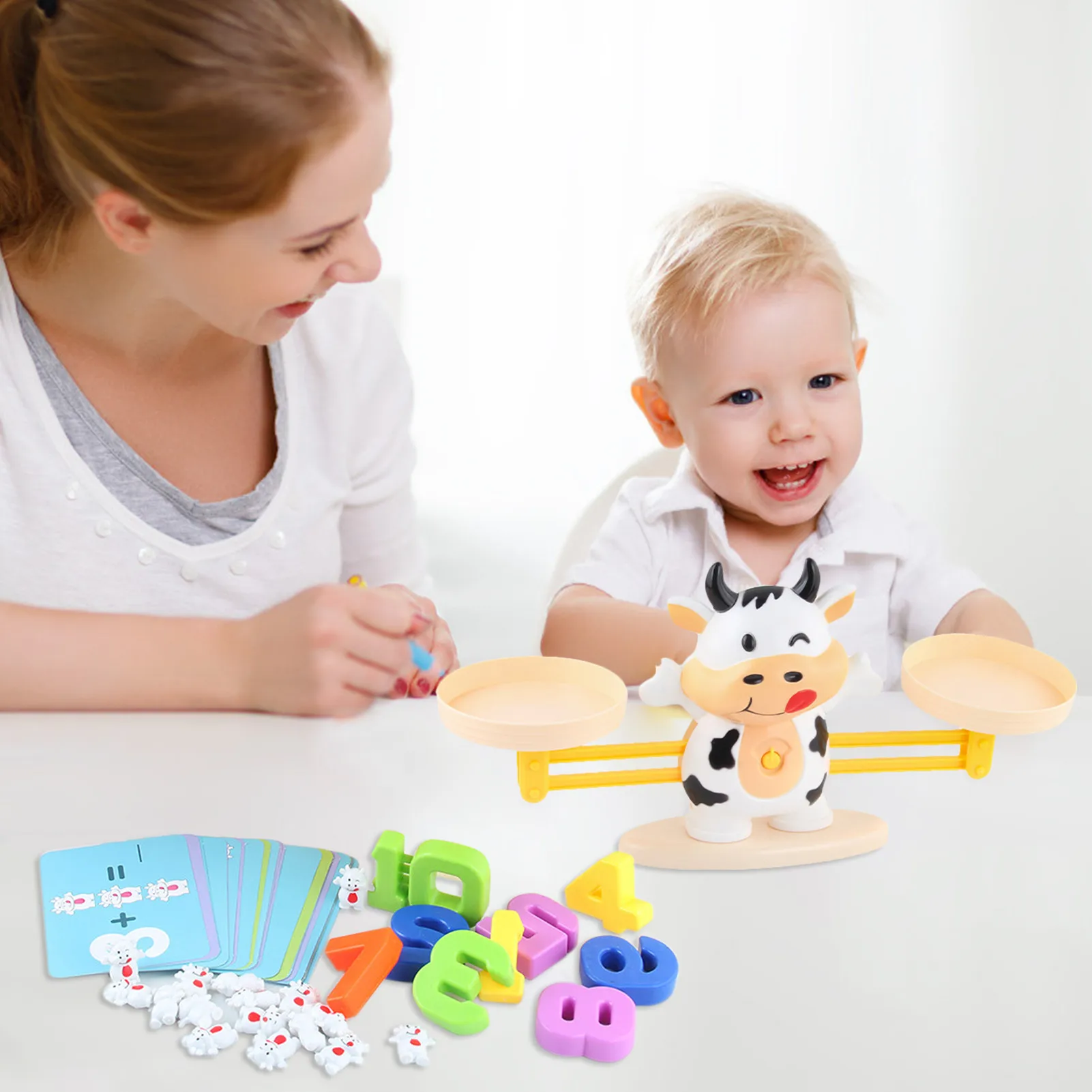 

Montessori Math Match Game Board Toys Cow Balancing Scale Number Balance Games Baby Learning Toy Animal Action Figures