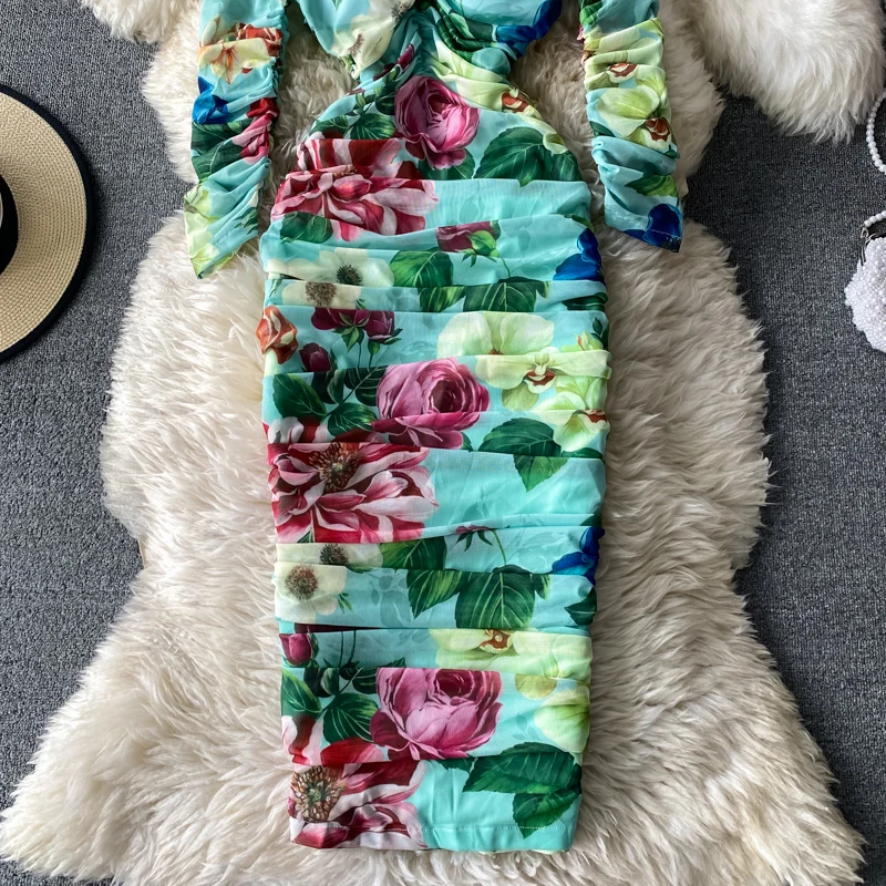 

Amolapha Women Hot Sale Elegant Office Wear Slim Square Collar Long Sleeve Printed Mid Calf Pencil Sheath Dress