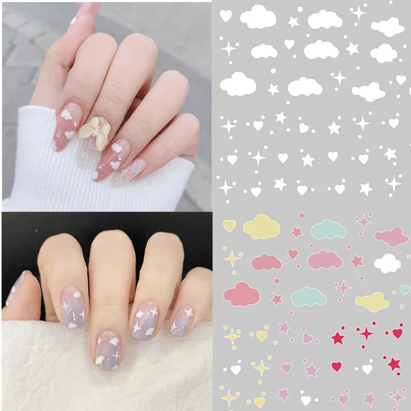 

White Cloud Nail Stickers Dreamy Color Sky Nail Decals For Sweet Girls Star Moon Heart Designs 3D Nail Sliders Manicure Decors